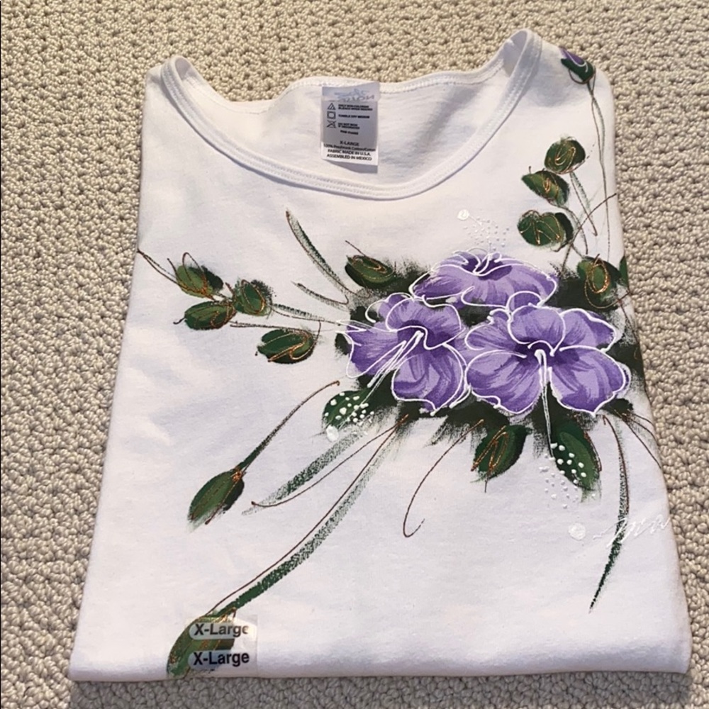 Artisan Hand Painted Signed Short Sleeve Cuffed Tee Shirt XL Vintage 80s Vibe